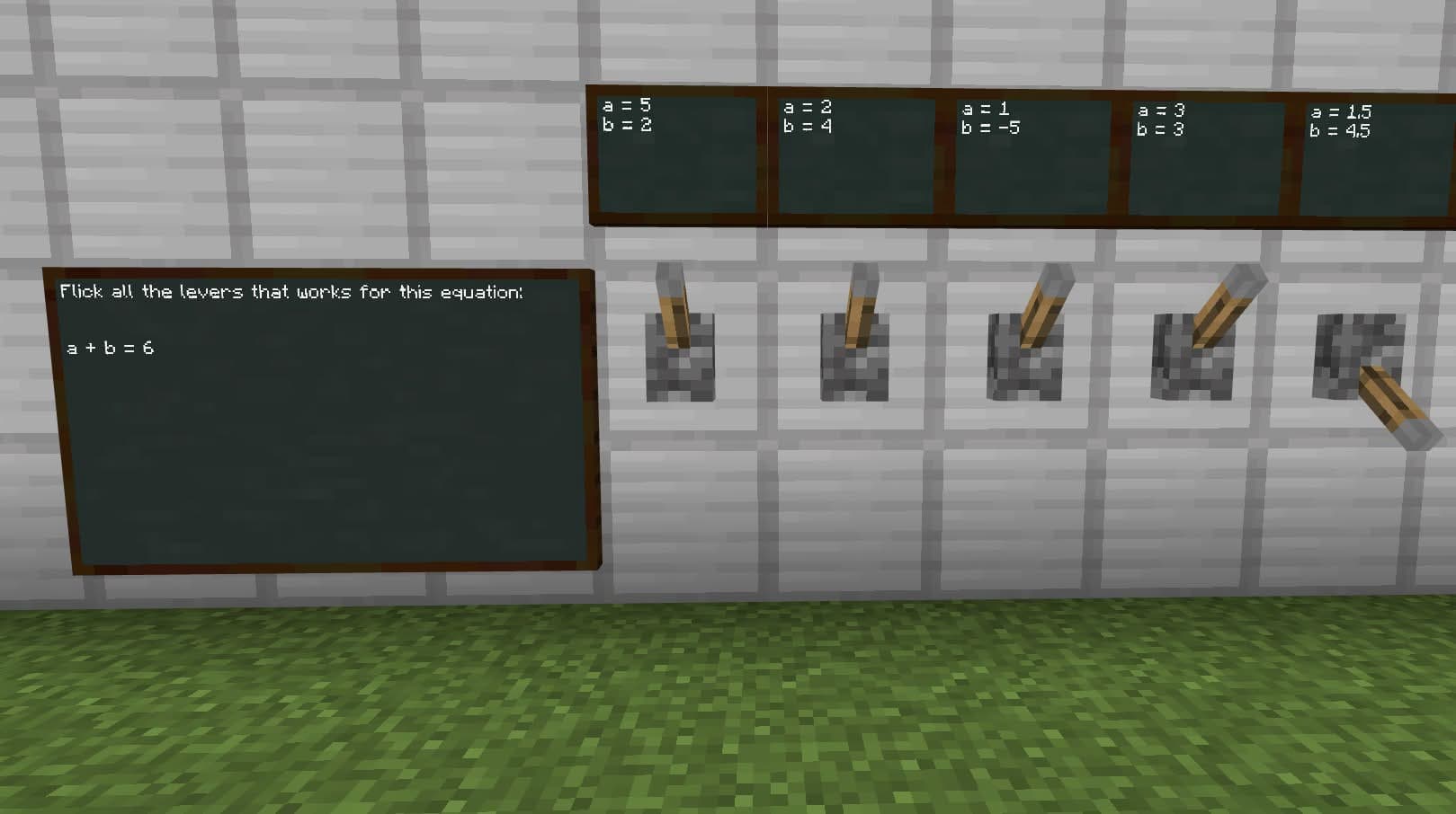 Minecraft Education maths lesson: levers and circuits used to solve algebra equations