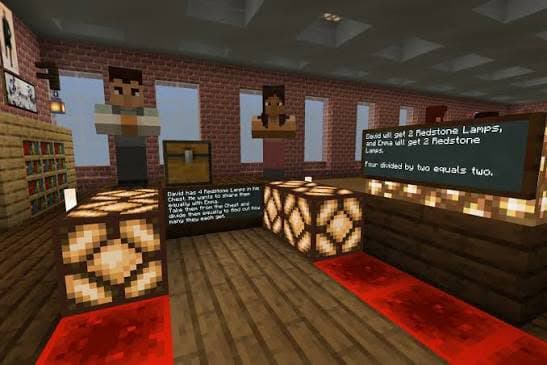 Minecraft Education maths lesson: rows of redstone lamps used to model division