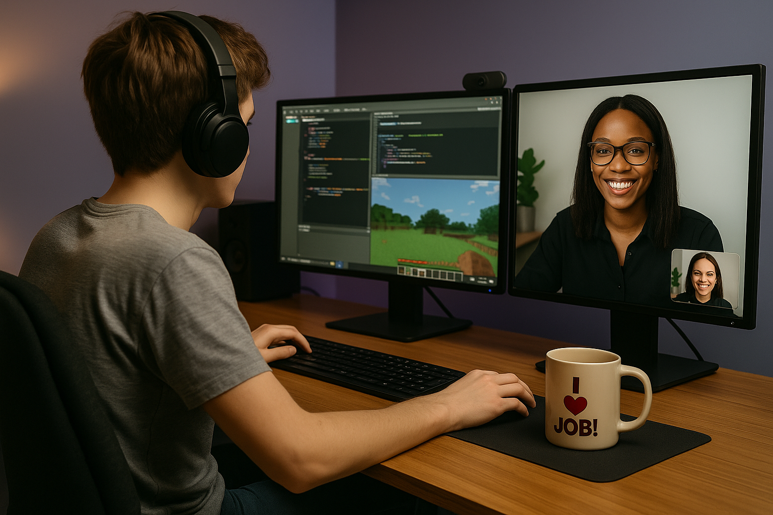 Mentor guiding a young person through code